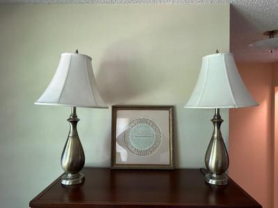2 MATCHING BRASS LAMPS AND A FRAMED POEM 