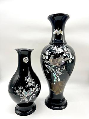 Pair Of  Black Lacquered Mother of Pearl Vase