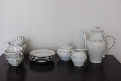 CAMELOT China - Coffee Pot & Lid, Flat Cups, Saucers, Creamer & Sugar Bowl