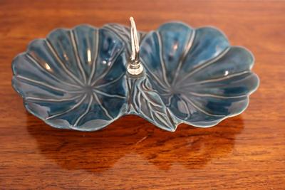 MCM Ceramic Teal Blue Relish Dish with Handle