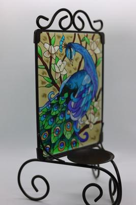 Metal Candle Holder Peacock Stained Glass