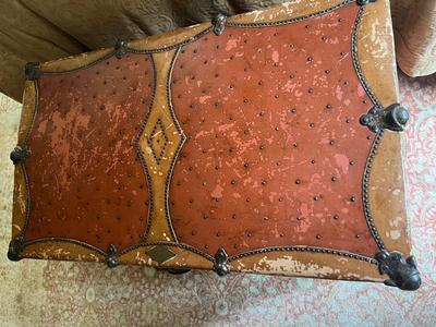 Vintage Antique Leather Chest Steamer Trunk 19th Century Studded w/ Removal Storage Shelf