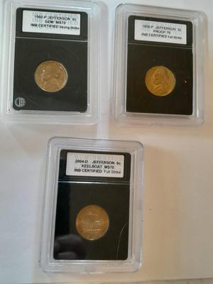 Three P Jefferson 5c Proof full / strong strike INB Certified Nickels - Keelboat MS70