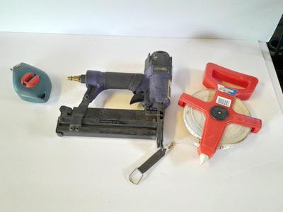 Chicago Electric Pneumatic Nailer/Stapler, chalk line and a 100-foot open face tape measure