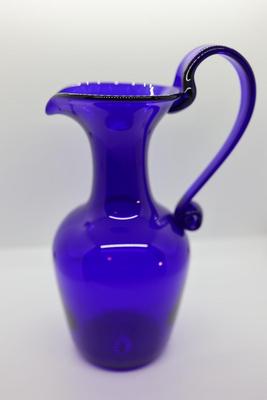 SIGNED Bristol Colbat Blue Glass Pitcher, Small Bowl With Glass Spoon. and Vase