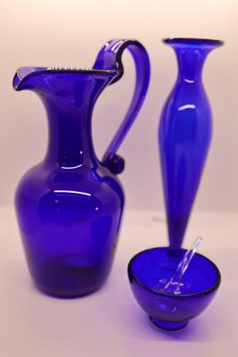 SIGNED Bristol Colbat Blue Glass Pitcher, Small Bowl With Glass Spoon. and Vase
