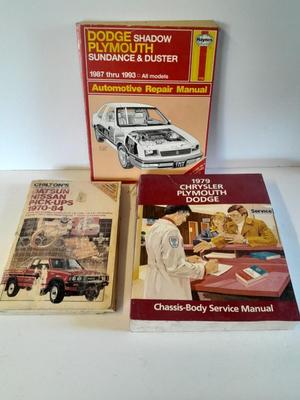 Three Auto mechanics repair books Chrysler, Plymouth, Dodge, Duster, Sundance, Datsun, Nissan 70-90's