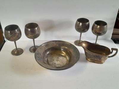 Silver plated goblets, bowl, and antique 1922 A.C.W. - E.P.W.  gravy boat, REED & BARTON