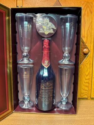 BUDWEISER MILLENNIUM LIMITED EDITION SEALED BOTTLE WITH 4 GLASSES