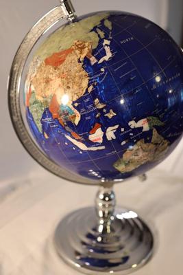 Large Royal Blue Gemstone World Globe on Chrome Stand