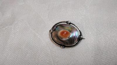 Antique Mediterranean Coral Set in Abalone 925 Brooch