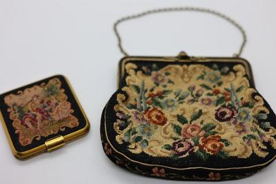1930s Petit Point Floral Design Handbag & Figural Scenic Compact