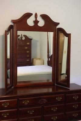 Mahogany Long Dresser With Trifold Mirror