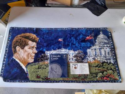 Lincoln Cents with John F. Kennedy Rug/Wall Tapestry, 1960's and unique Lincoln-Kennedy Penny