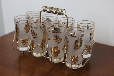 Libbey Golden Foliage Tumblers in Metal Caddy, Set of (8) Glasses