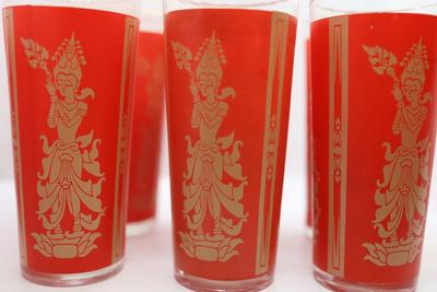 Set of (11) Red and Gold Thai Dancer Glasses