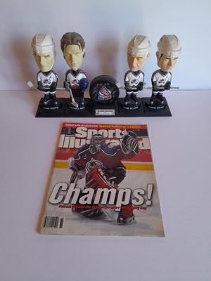 Colorado Avalanche 2002 Collector's series Bobble heads and Signed Hockey puck with stand GO AV'S!