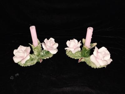 PAIR OF CAPODIMONTE PINK ROSE CANDLE HOLDERS