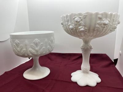 Two (2) Milk Glass Compote Candy Dish Bowls & (1) Vase