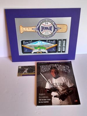 Colorado Rockies Larry Walker holographic card, 1994 opening day and final day matted art, and scorecard magazine