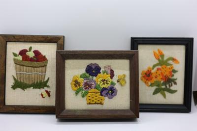 (3) Small Framed Vintage Embroidered Yarn Art