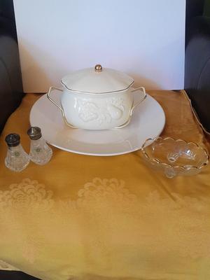 Teleflora Covered Serving Bowl w/Stand, Dansk platter, and Crystal Galway Ireland vintage salt and pepper shakers
