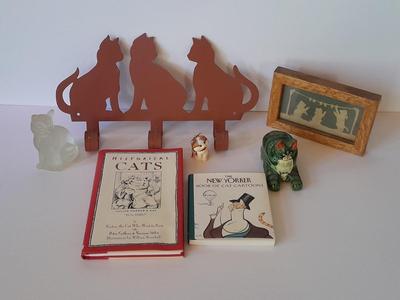 Cat Collectibles, metal three kitty wall hook, glass cat, two small cat books and more