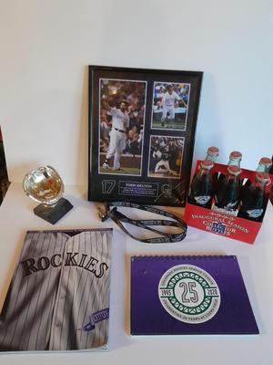 Colorado Rockies Memorabilia, Framed Todd Helton picture 6 pack collectors' bottles, gold mitt figure, scorecard magazine and more