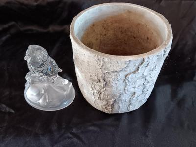 Faux Tree bark plant pot / container with crystal glass owl collectible