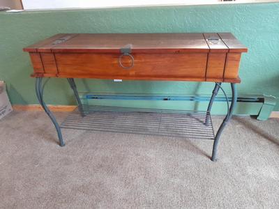 Rustic wooden iron base sofa table with hinged top storage