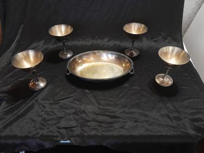 Silver Plate dishware 4 stemmed goblets Portugal signed and marked and a handled oval dish.
