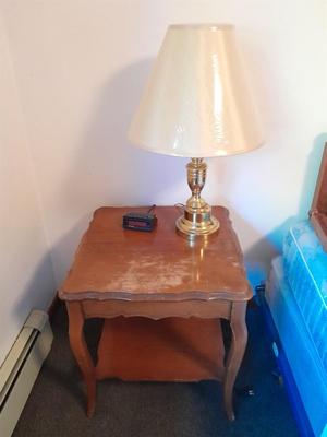 Side table with Brass lamp and alarm clock