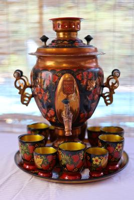 Vintage Russian Samowar Teapot W/ Serving Tray & (11) Cups