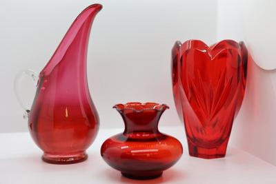 Cranberry Glass Pitcher & (2) Vases