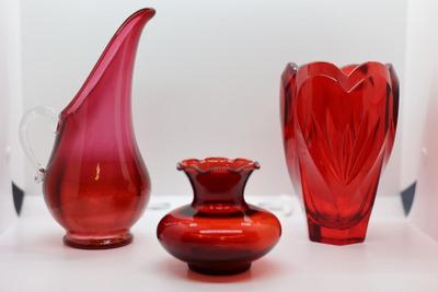 Cranberry Glass Pitcher & (2) Vases