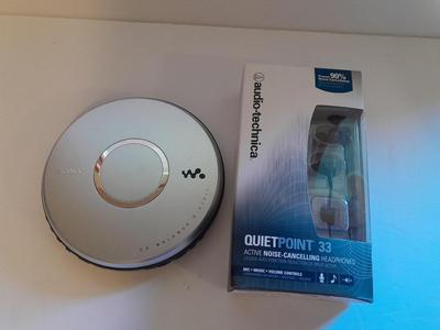 Portable Sony compact disc player with new Audio-technica Quiet point headphones
