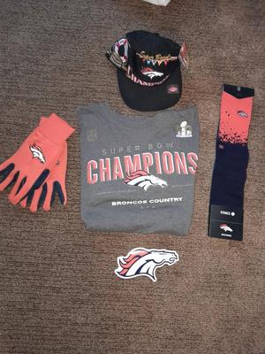 Denver Bronco's apparel new socks, Gloves, hat, T-shirt and a sticker