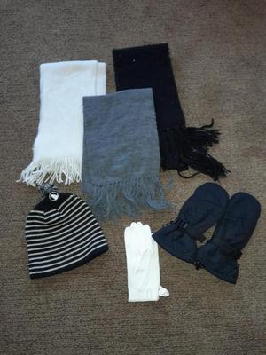 Winter wear, White, Black, and Gray scarves with a pair of Columbia gloves and stocking cap