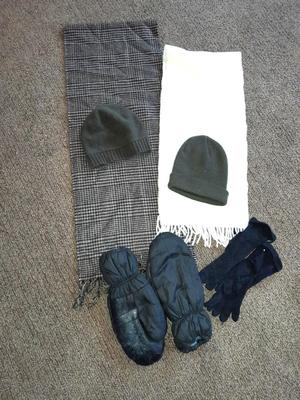 Winter - wear Two beanie hats, two scarves, and two pair of gloves
