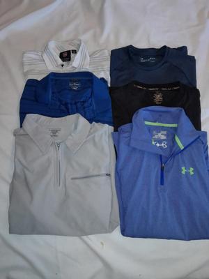 Six mens tops - two Under armor heatgear- Copper fit - LL Bean - Victorinox Most size Large