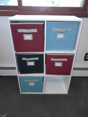 Cubby shelf with five canvas baskets
