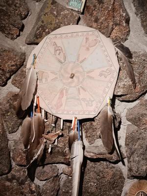 15" Animal Shield with feathers - bones - teeth - and stone bird