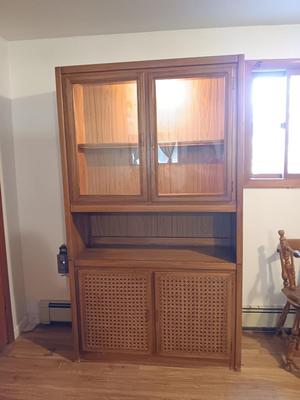 Vintage 1970's wicker woven front cabinet / china hutch