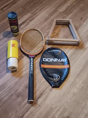 Vintage Allwood Donnay tennis Raquet with case and ball keeper and balls