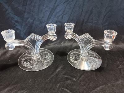 Two beautiful rare Tiffin Glass JUNE NIGHT etch #5902 un-beaded double candlestick 1941-1966