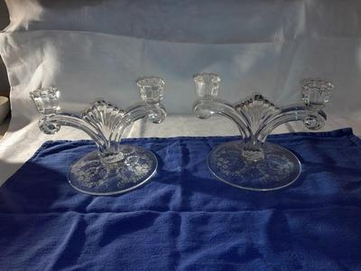 Two beautiful rare Tiffin Glass JUNE NIGHT etch #5902 un-beaded double candlestick 1941-1966