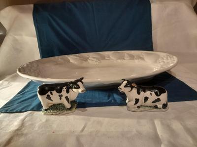 Large Dansk Portugal platter with raised fruit design and cow salt & pepper shakers