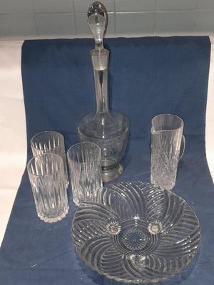 Vintage Floral Etched Tall Crystal Decanter w/ Stopper glasses, small pitcher and a three footed platter