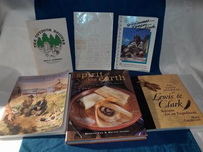 Six cookbooks - Lewis & Clark food journal - Spirit Earth cooking - Santa Fe trail and others