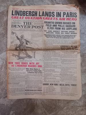 Denver, Colorado May 22 1927 Newspaper "Lindbergh Lands in Paris"